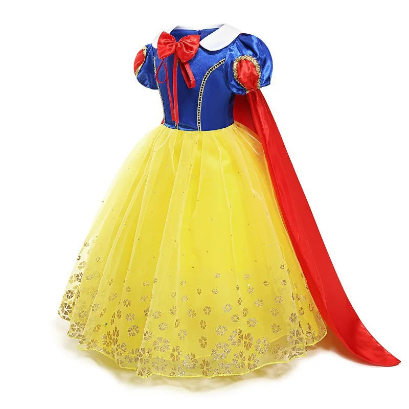 Snow White costume with blue top, yellow skirt, and red cape on a white background