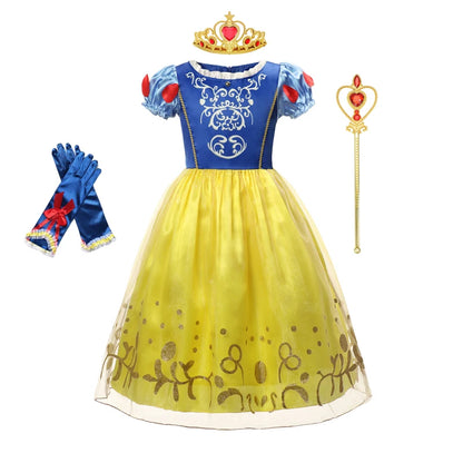 Princess dress with blue top and yellow skirt, accompanied by a crown, wand, and gloves on a white background.