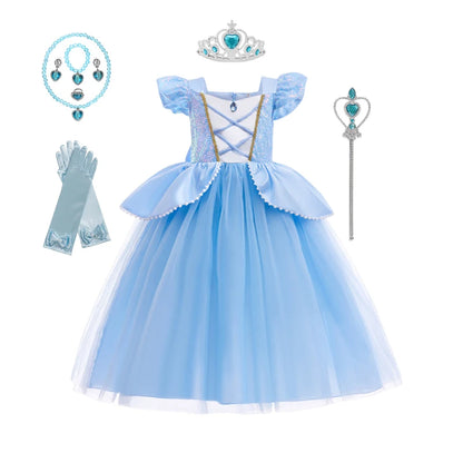 Blue princess dress with accessories on a white background