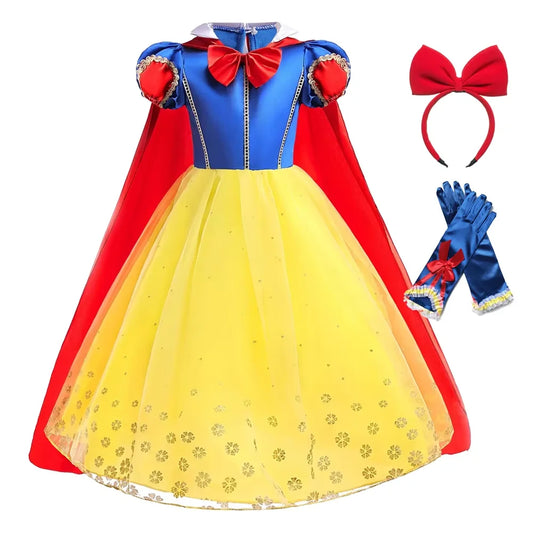 Snow White costume with cape, headband, and gloves on a white background
