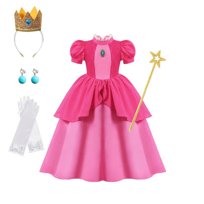 Pink princess dress with crown, earrings, gloves, and wand on a white background
