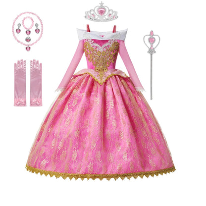 Pink princess dress with gold accents, tiara, wand, gloves, and necklace on a white background