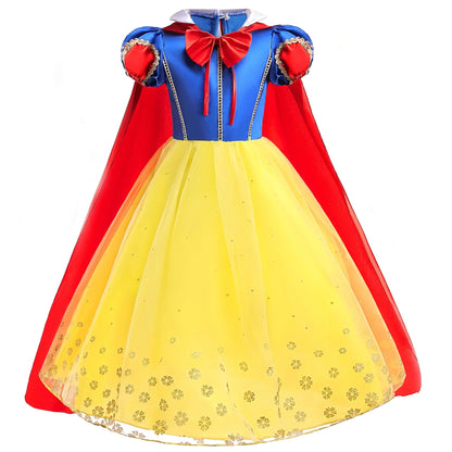 Colorful dress with blue top, red cape, and yellow skirt on a white background