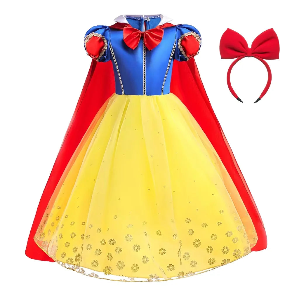 Snow White costume dress with cape and headband on a white background