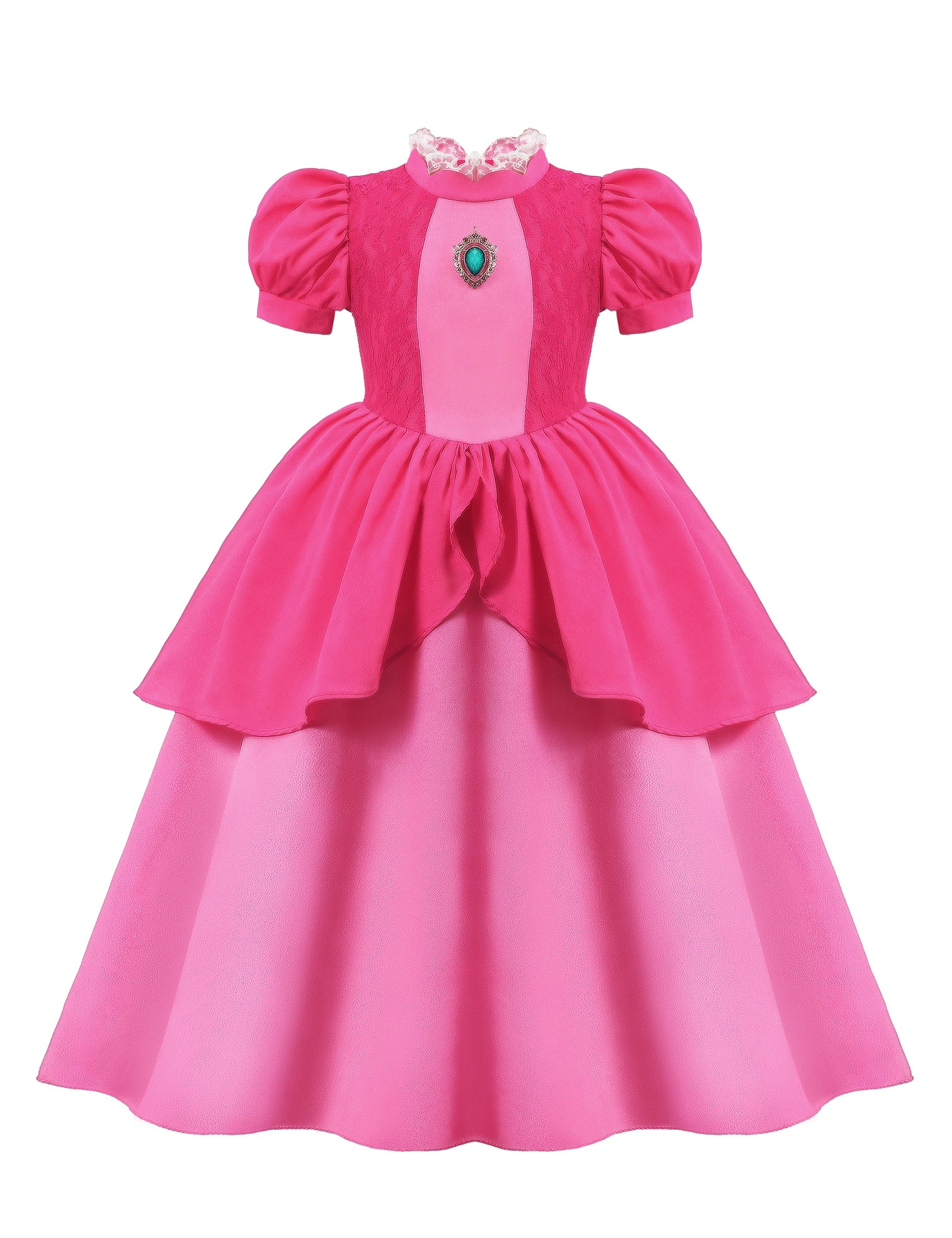 Pink dress with a green gem on a white background