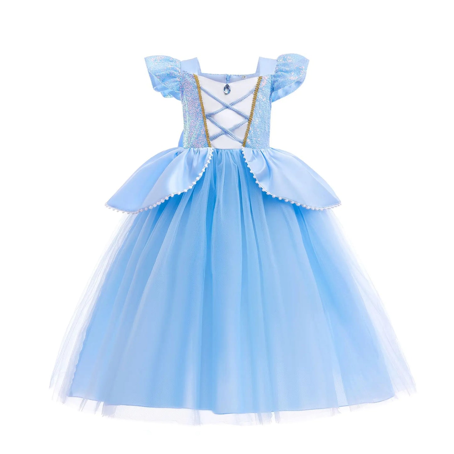 Light blue princess dress with ruffled sleeves on a white background