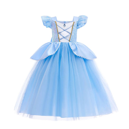 Light blue princess dress with ruffled sleeves on a white background