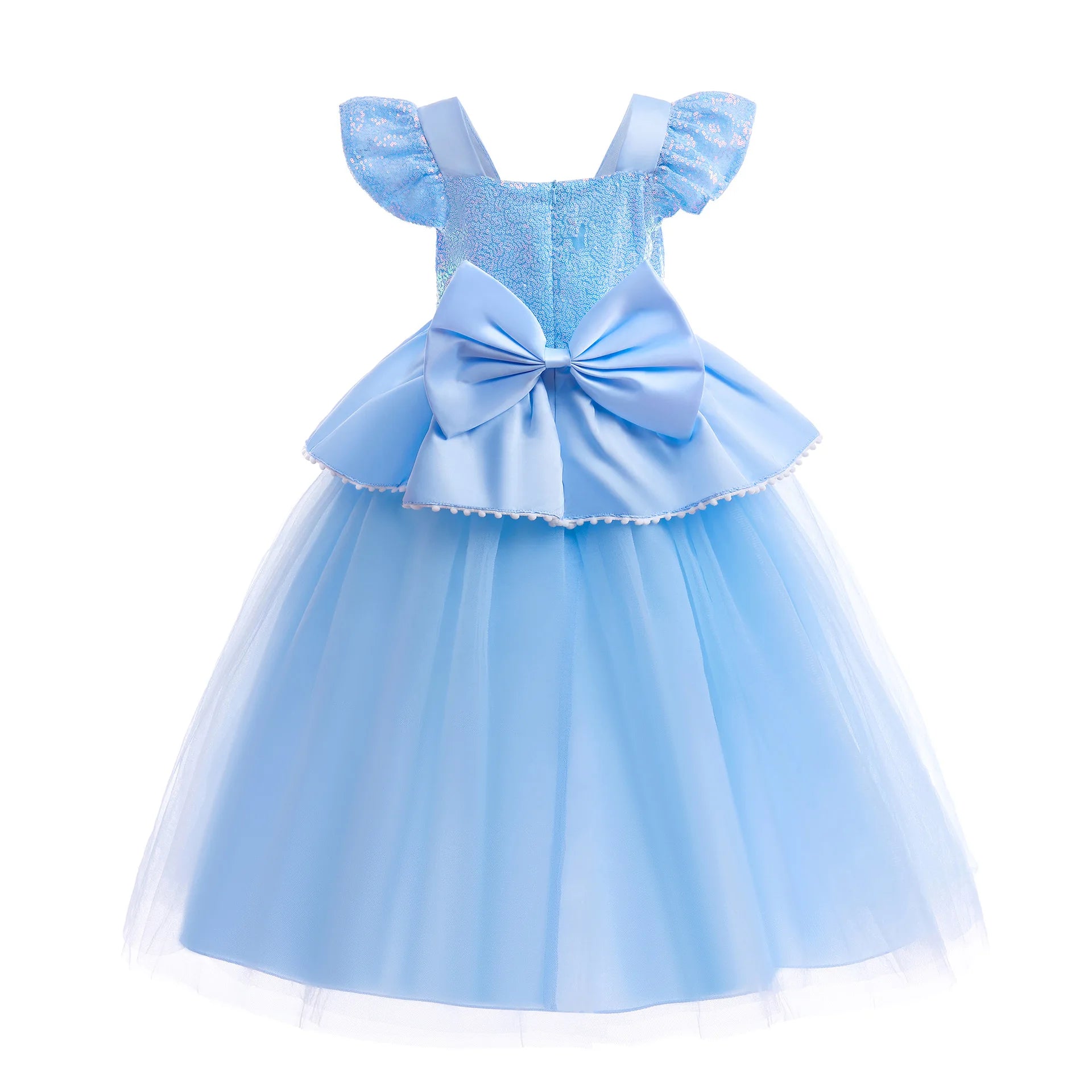 Light blue dress with a large bow on a white background