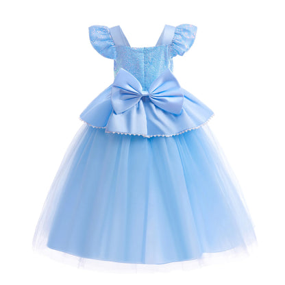 Light blue dress with a large bow on a white background