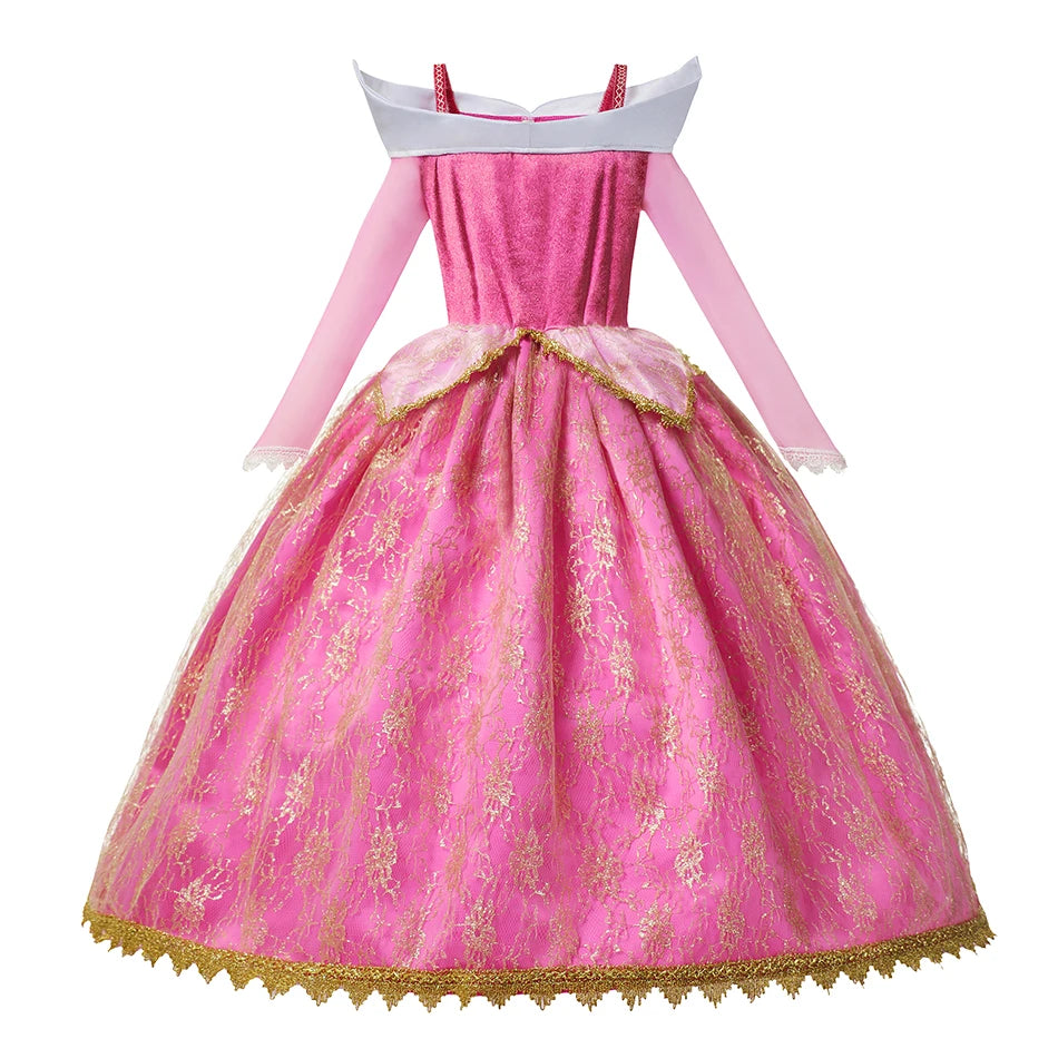 Pink princess dress with gold embroidery on a white background