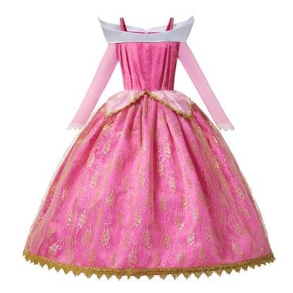 Pink princess dress with gold embroidery on a white background