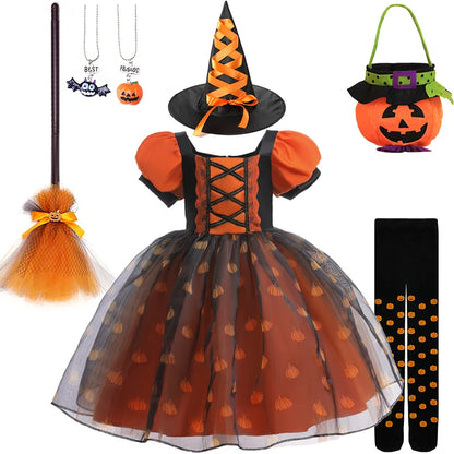Halloween costume set with dress, hat, broom, and accessories on a white background
