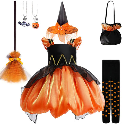Halloween witch costume set with dress, hat, broom, bag, and socks on a white background