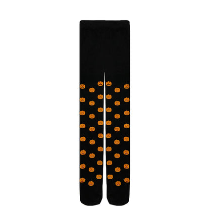 Black socks with orange pumpkin pattern on a white background