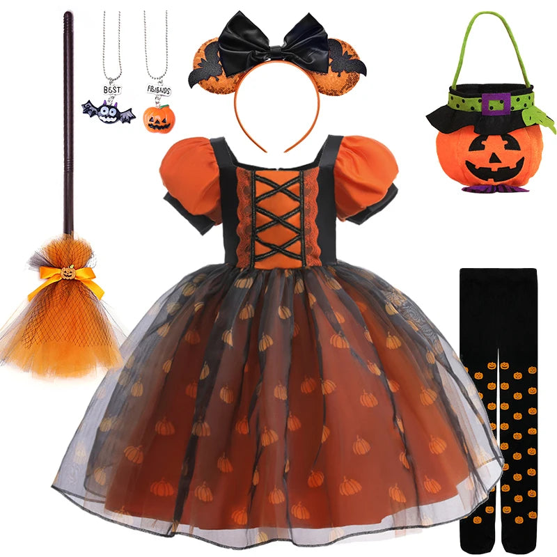 Halloween-themed children's costume set with dress, headband, bag, and accessories on a white background.