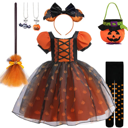 Halloween-themed children's costume set with dress, headband, bag, and accessories on a white background.