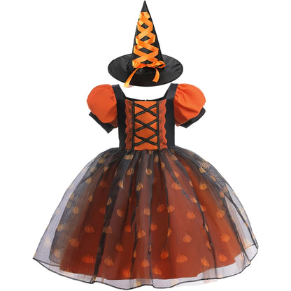 Halloween-themed dress with black and orange pumpkin pattern and matching witch hat on a white background