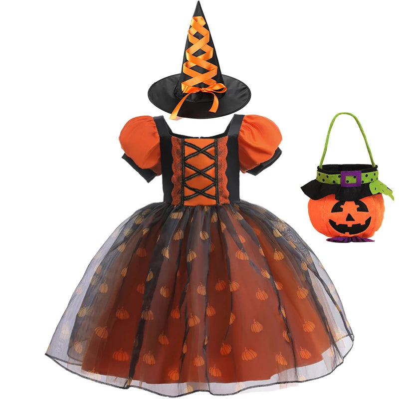 Halloween-themed children's dress with witch hat and pumpkin basket on a white background