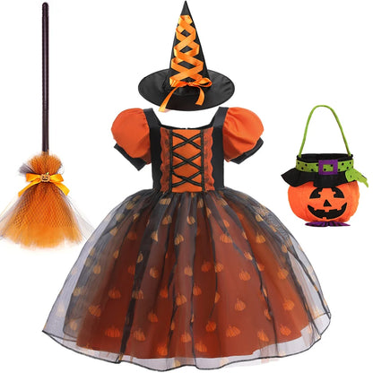 Halloween-themed children's costume with dress, hat, broom, and pumpkin basket on a white background