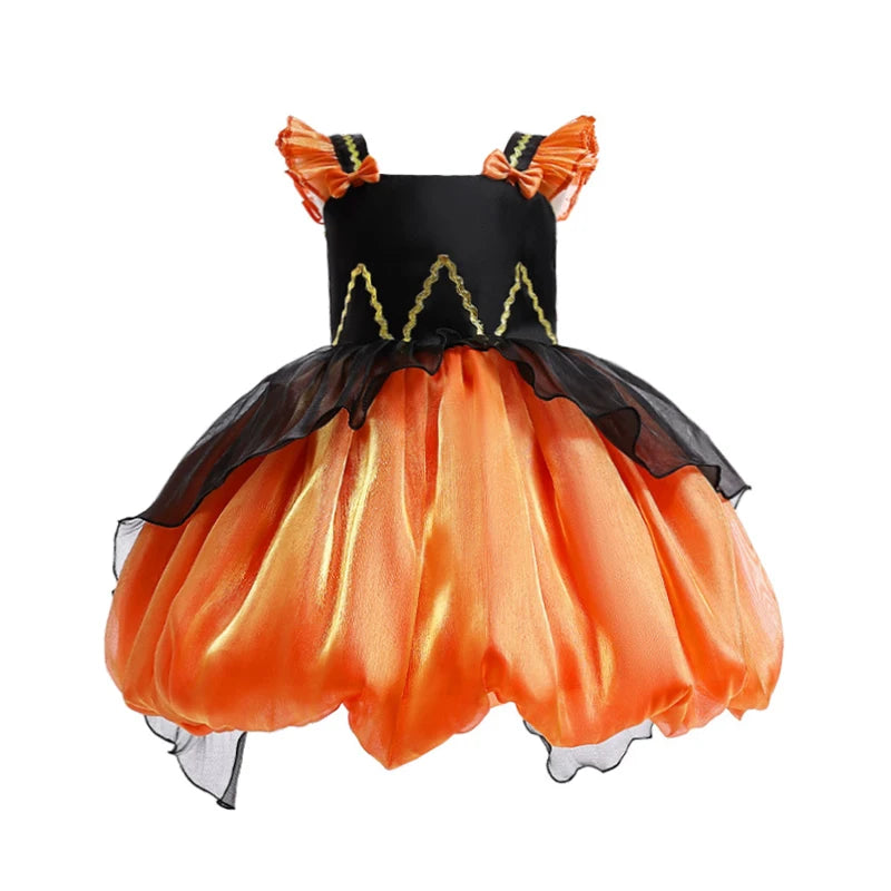 Halloween-themed dress with orange skirt and black top on a white background