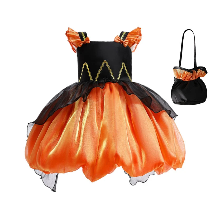 Halloween-themed dress with black and orange colors and a matching bag on a white background.
