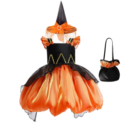 Halloween-themed children's dress with black and orange colors, including a matching bag.