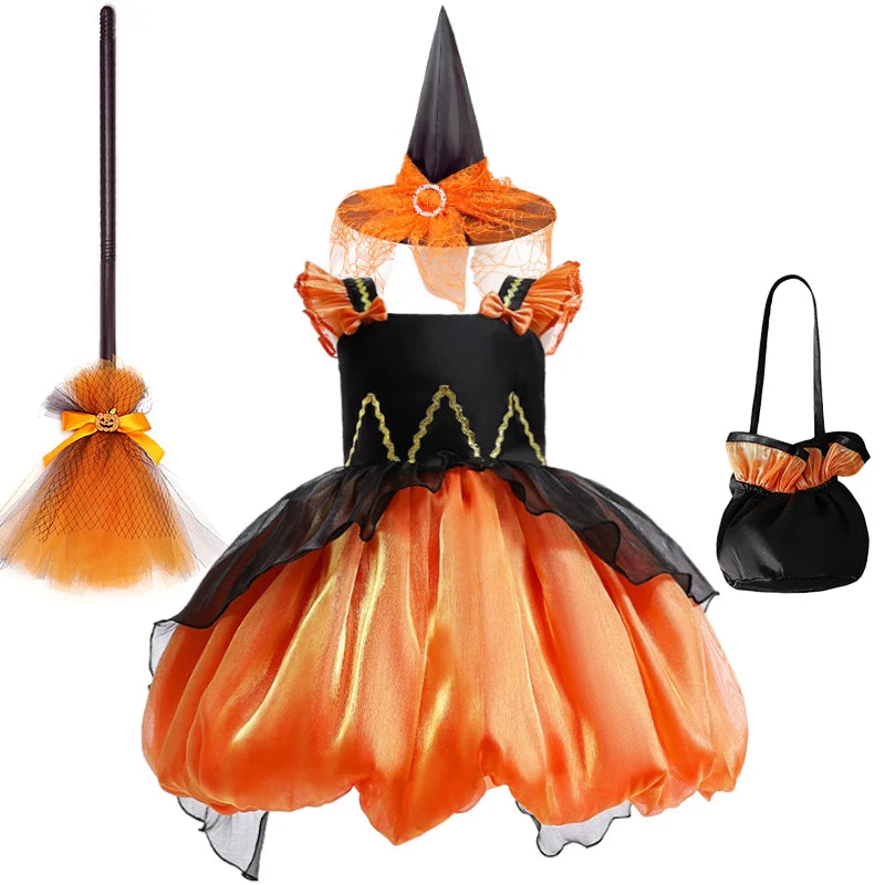 Halloween witch costume with hat, broom, and bag on a white background