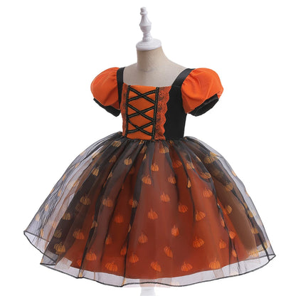 Halloween-themed dress with orange and black design on a mannequin against a white background