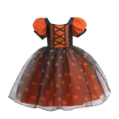Children's Halloween dress with orange and black design on a white background