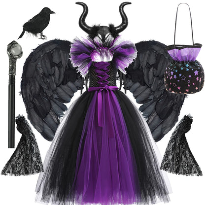 Maleficent costume set with dress, wings, and accessories on a white background