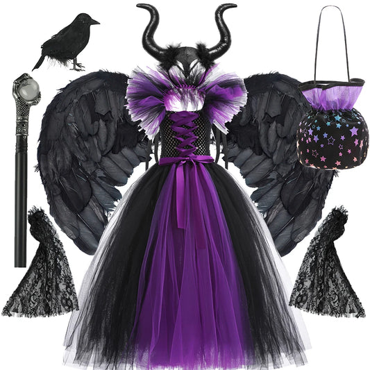 Maleficent costume set with dress, wings, and accessories on a white background