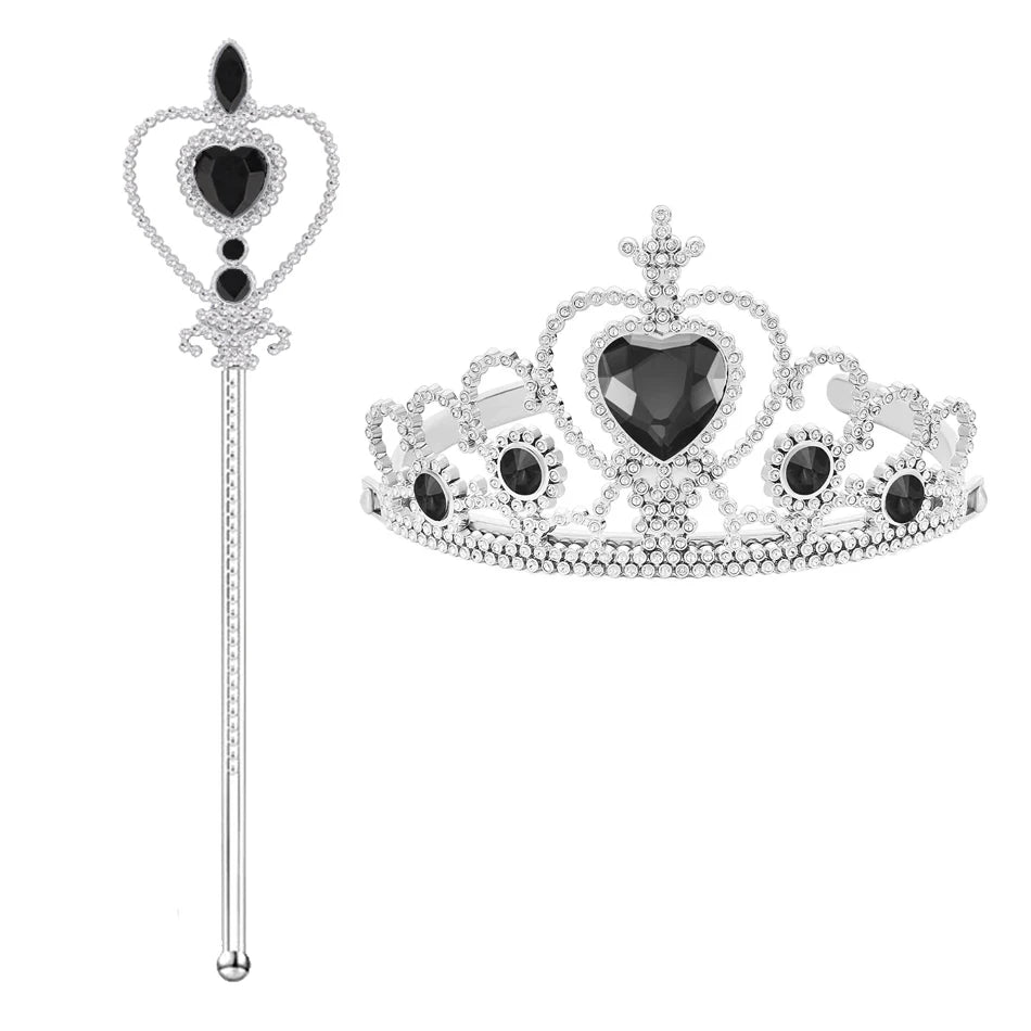 Silver tiara with black heart stones and matching wand on a white background