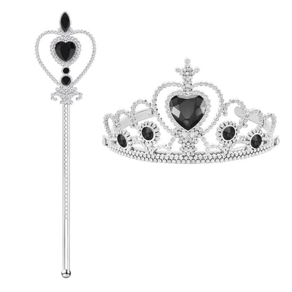 Silver tiara with black heart stones and matching wand on a white background