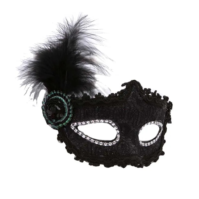 Black mask with feather and decorative elements on a white background