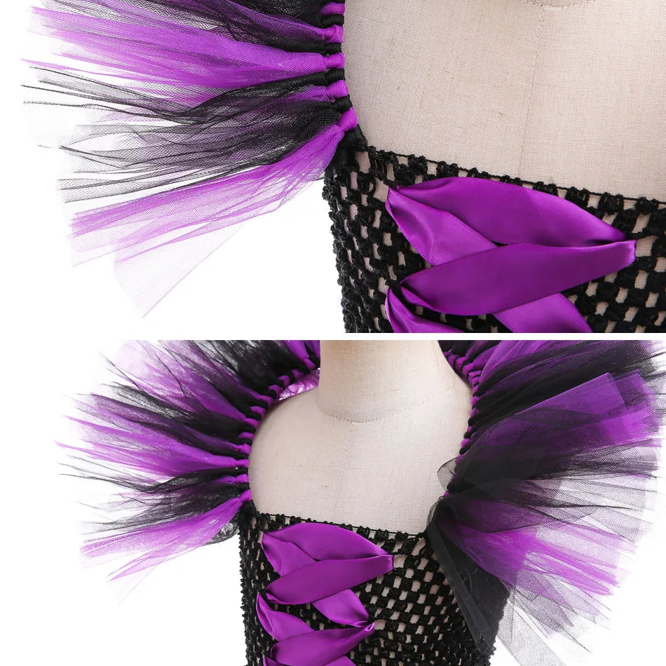 Black and purple tutu skirt on a mannequin with a white background