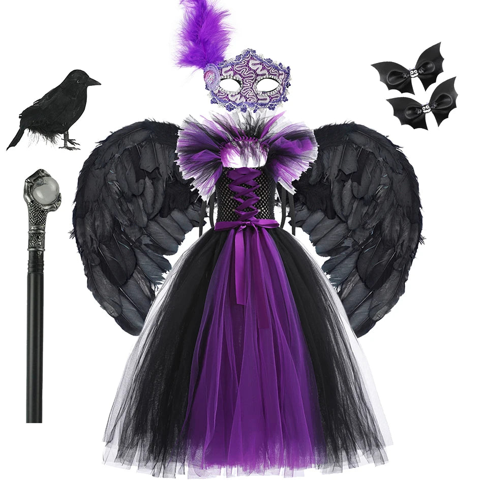 Black and purple Halloween costume with wings, mask, and accessories on a white background