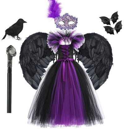 Black and purple Halloween costume with wings, mask, and accessories on a white background