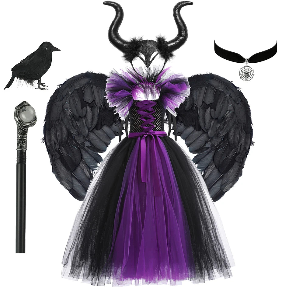 Black and purple costume with wings, horns, and a bird on a white background
