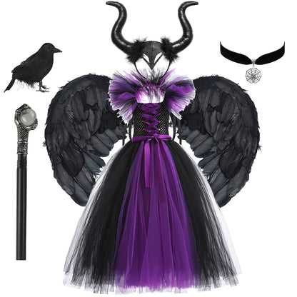 Black and purple costume with wings, horns, and a bird on a white background