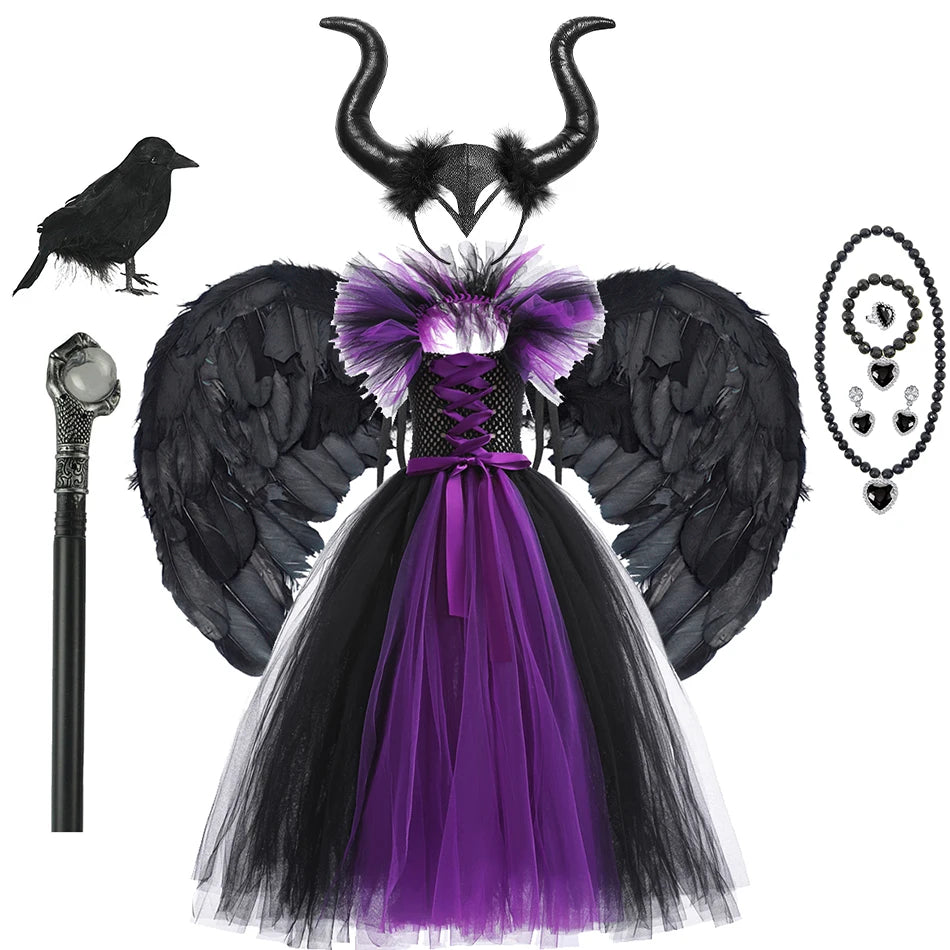 Maleficent costume with wings, staff, and accessories on a white background