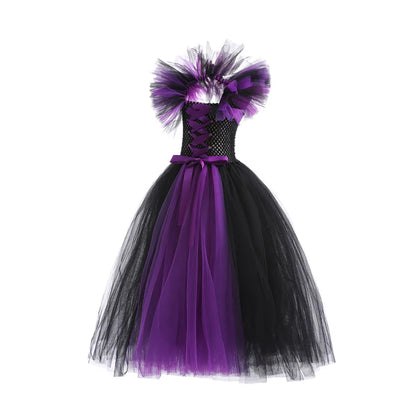 Black and purple dress with a tutu skirt on a white background