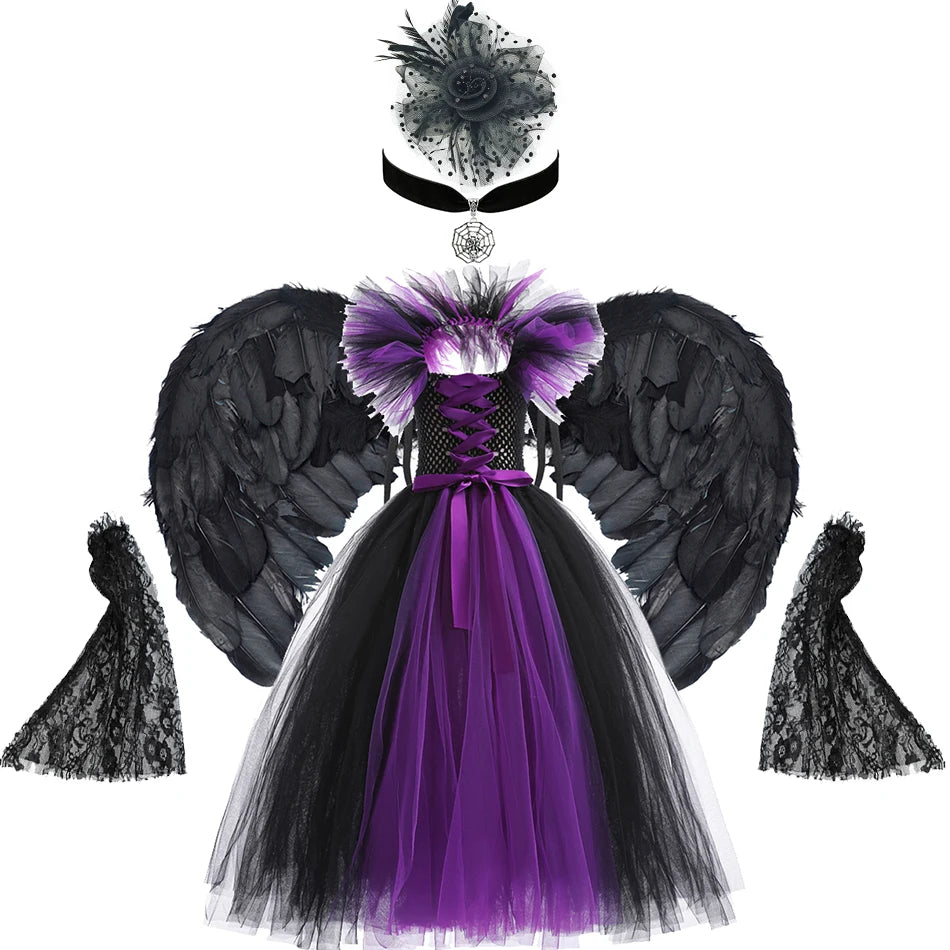 Purple and black costume with wings, headpiece, and gloves on a white background