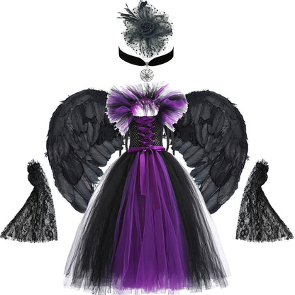 Purple and black costume with wings, headpiece, and gloves on a white background