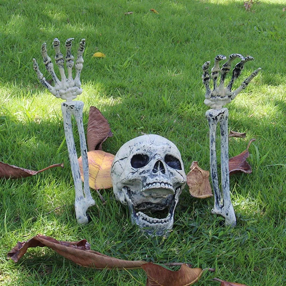 Decorative skull and skeleton hands on grass with leaves
