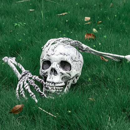 Skeletal hand reaching towards a skull on grass