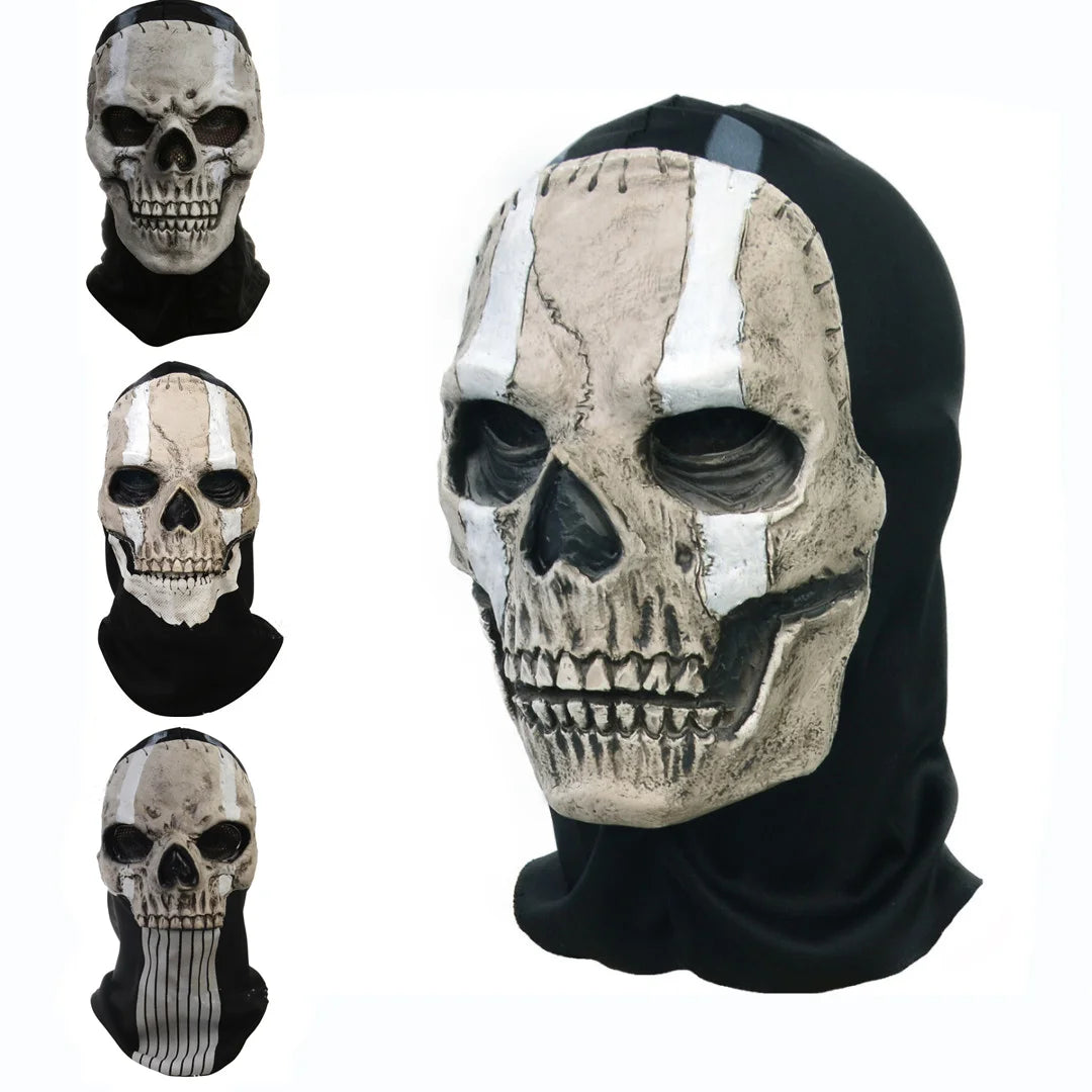 Skull-themed hooded mask with black and white design on a white background