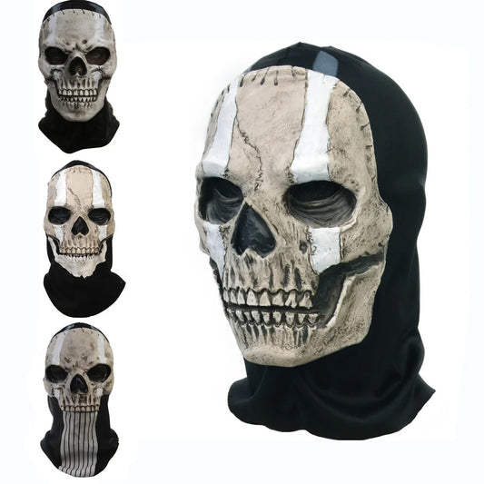 Skull-themed hooded mask with black and white design on a white background