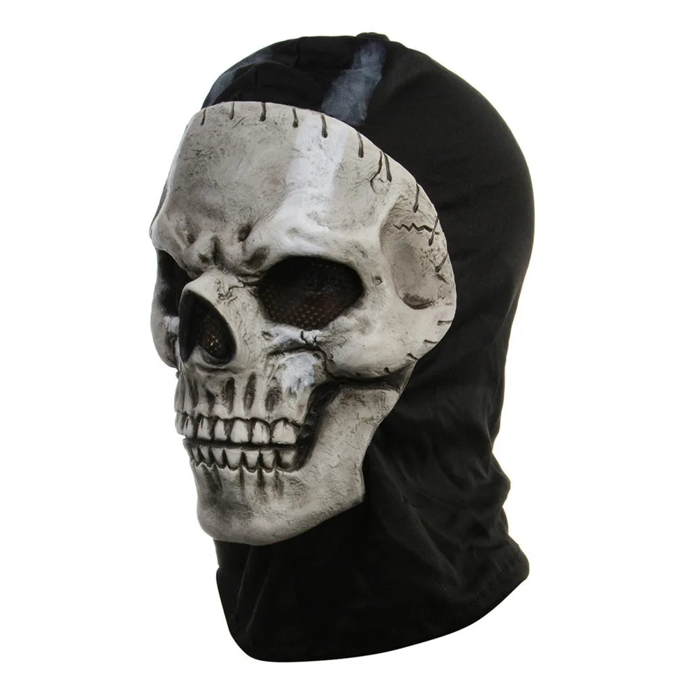 Black hood with a detailed skull design on a white background