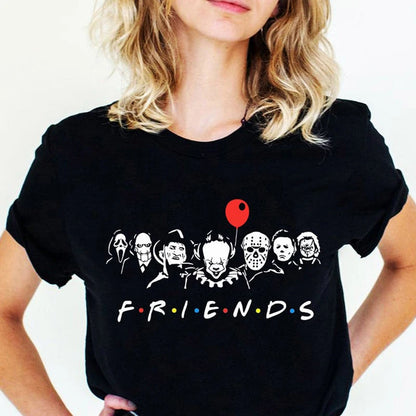 Black t-shirt with horror character graphic and 'FRIENDS' text on a white background