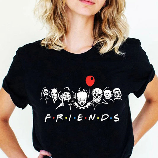 Black t-shirt with horror character graphic and 'FRIENDS' text on a white background